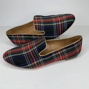 J Crew Plaid Smoking Loafers Slip On Flats Stewart Almond Toe AT839 Womens Sz 9